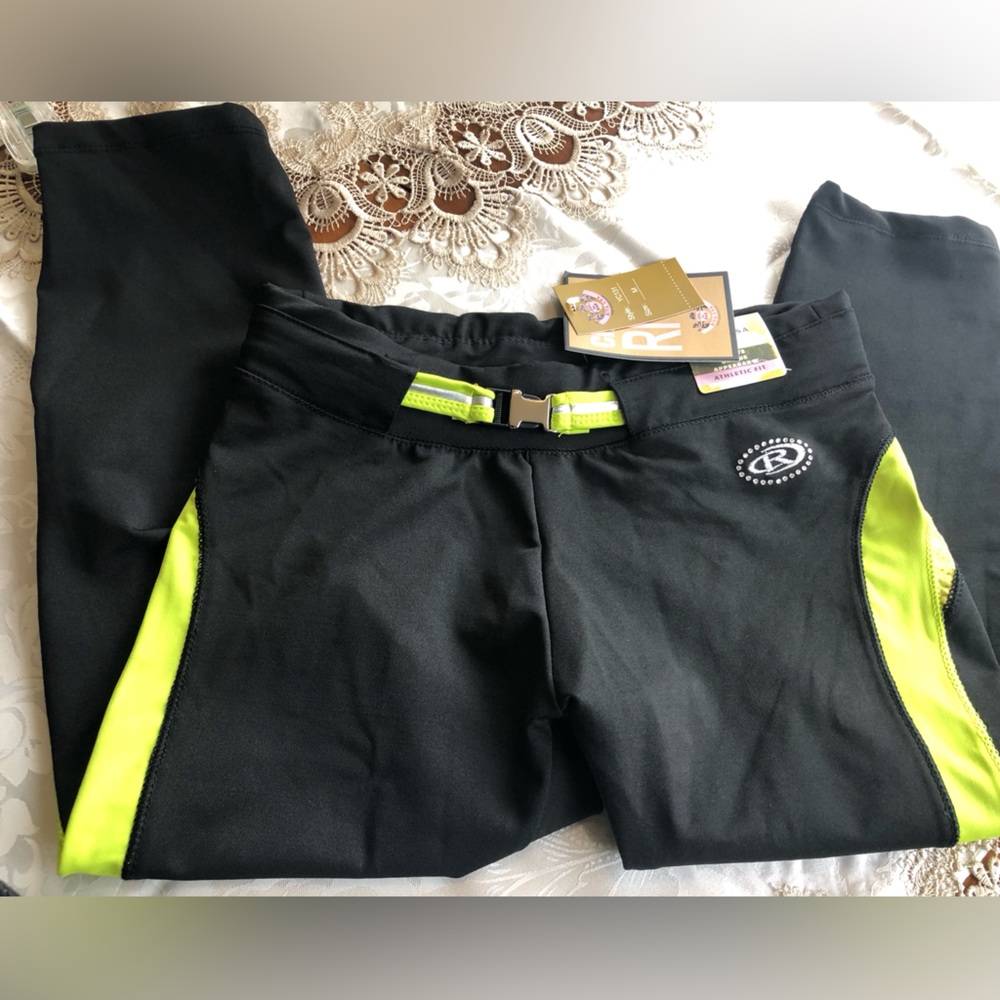 Black and Neon Green Leggings with Elastic Waistband, sized MED